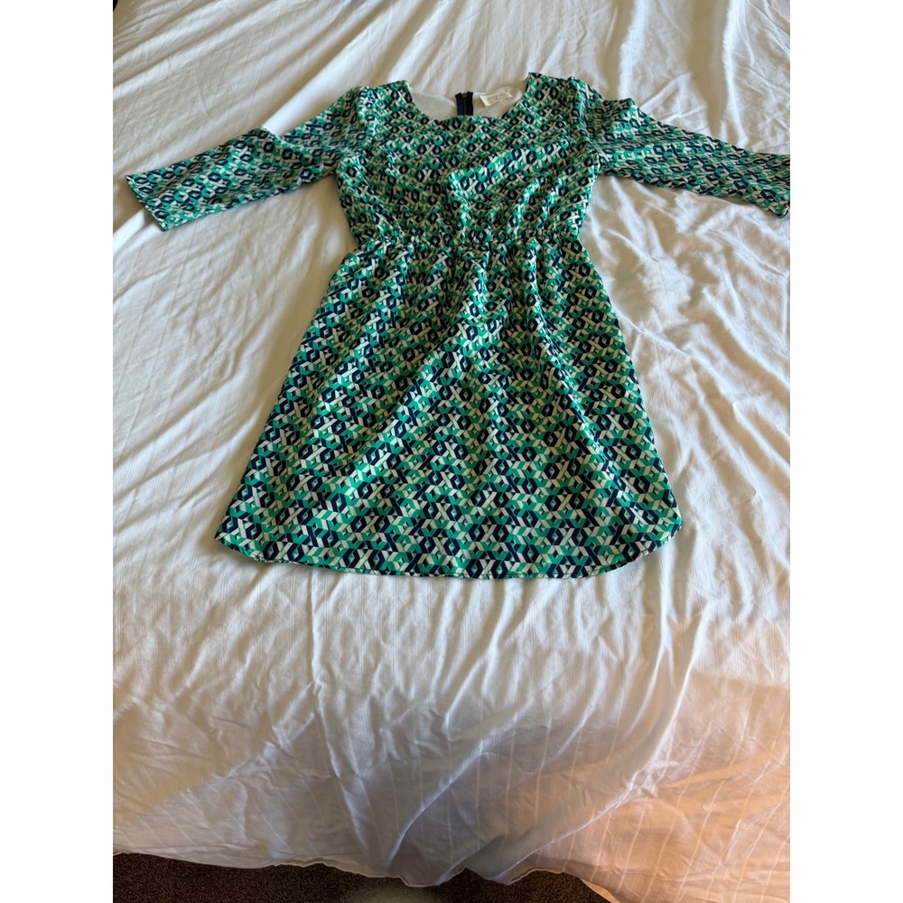 Everly Green Navy Geometric Print Fit and Flare Dress 3/4 Sleeve Round Neck